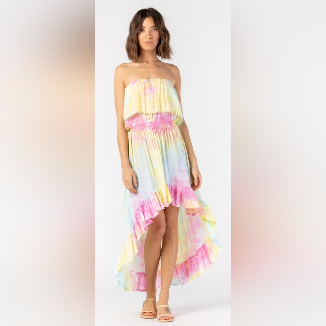 Tiare Hawaii Tie Dye Lana Strapless Ruffled Maxi Dress